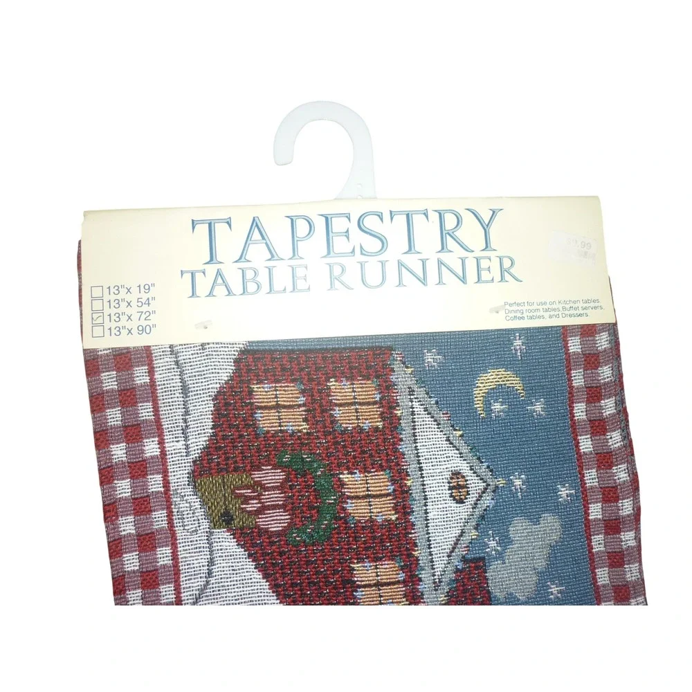 Christmas Snowman Tapestry Table Runner Winter Village Red Gingham 13x72 NEW